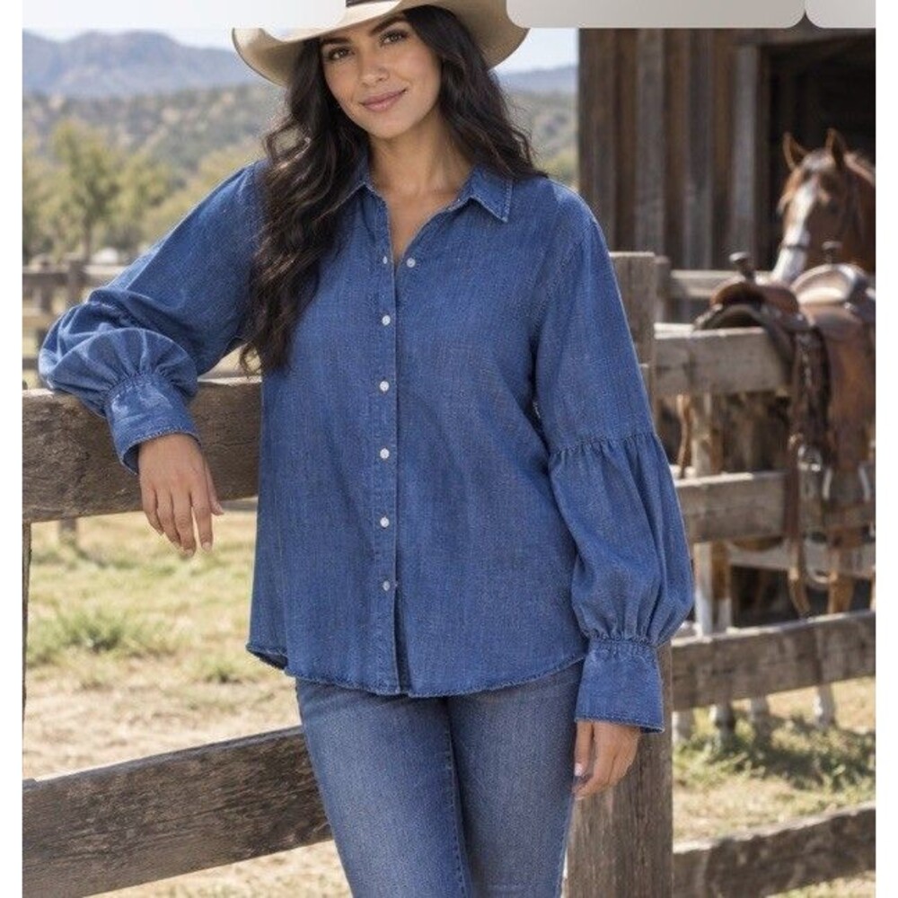 Banana Republic Denim Chambray Button Up Blouse Top Western Cowgirl Sz XL